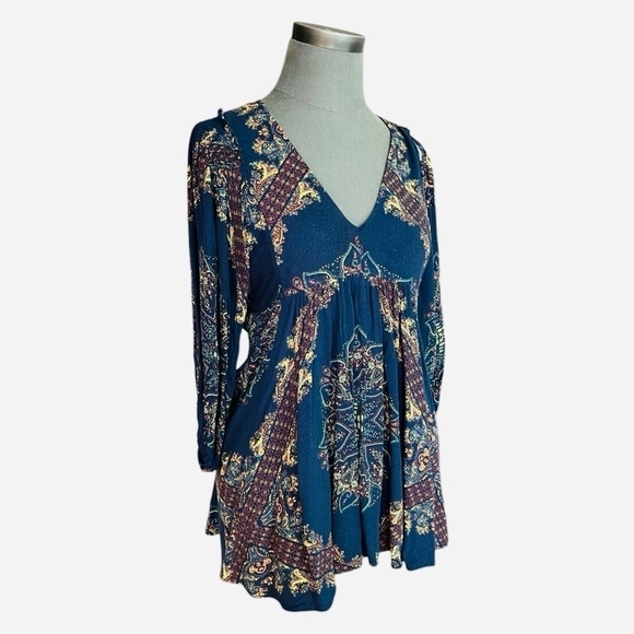 Women’s Top FREE PEOPLE Girl Talk Tunic Blue Paisley Balloon Sleeve Boho Blouse - Picture 6 of 9